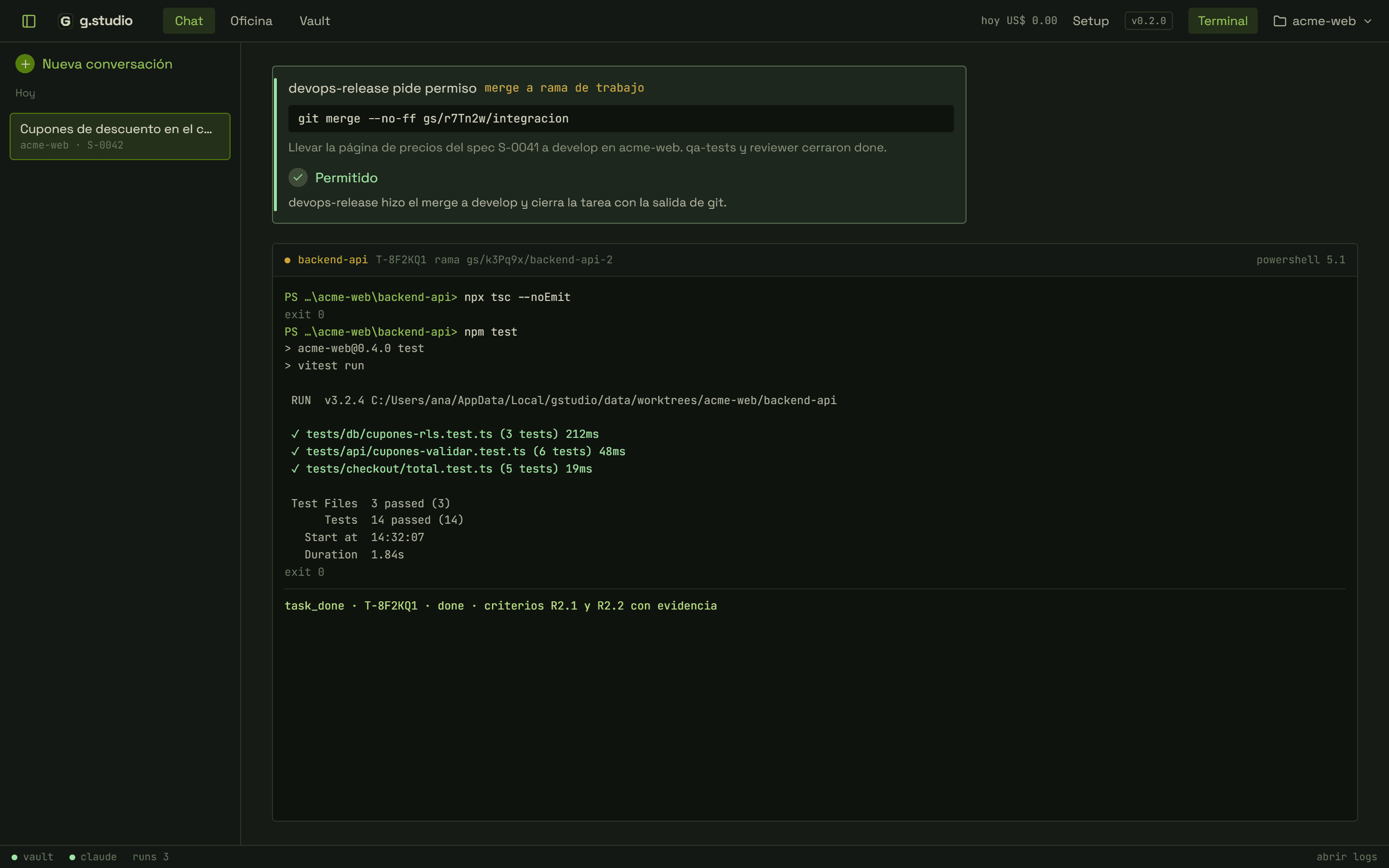 devops-release permission for a merge to a working branch, in allowed state. Below, the backend-api terminal with npx tsc --noEmit, npm test with 14 passing tests and the close-out of T-8F2KQ1.